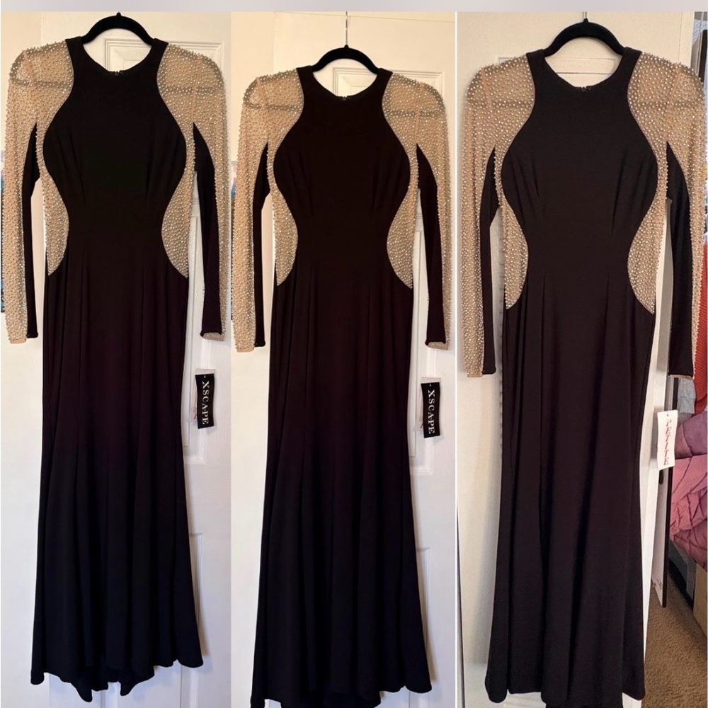 NWT XSCAPE Black Gown with Gold Mesh Sleeves